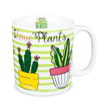 Caneca de Porcelana 320 ml decoração faixa- Loves Plants - Listra Verde