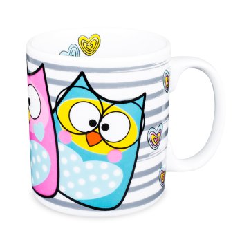 Caneca de Porcelana 320 ml decoração faixa- Corujinhas Sortidas 01